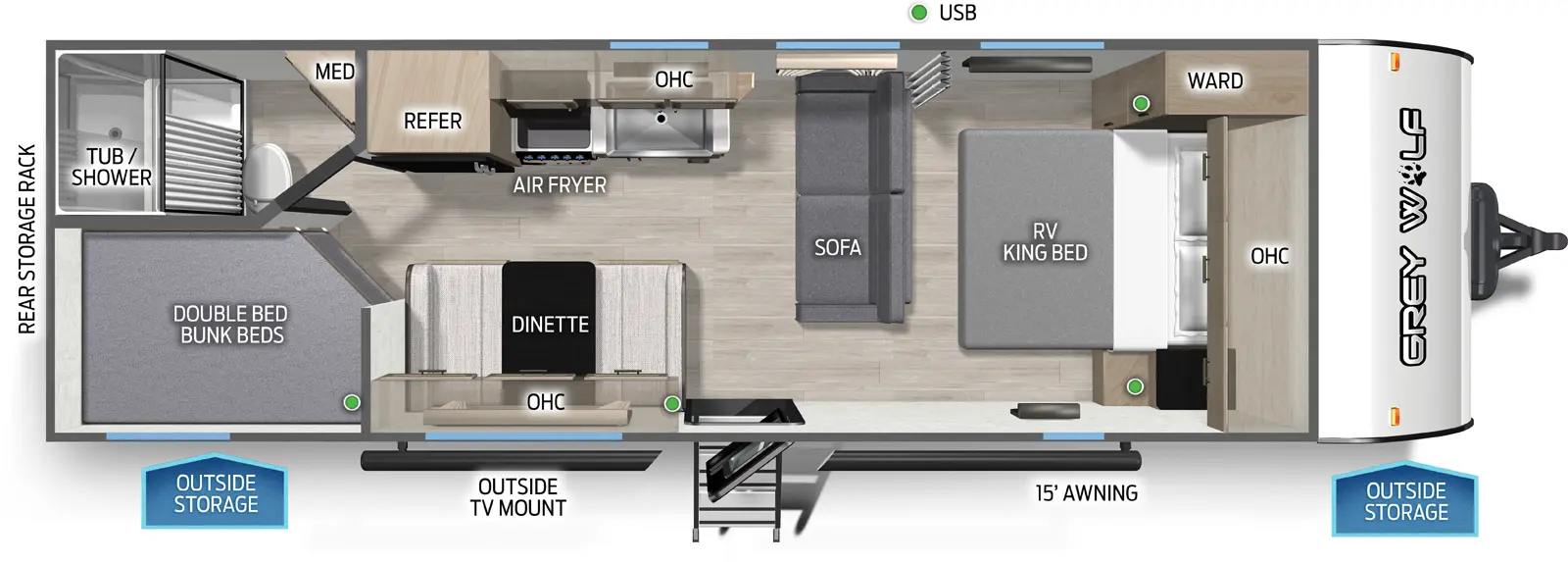 The Grey Wolf 26DJSE floorplan has one entry and zero slide outs. Exterior features include: metal exterior and 15' awning. Interiors features include: bunk beds and front bedroom.